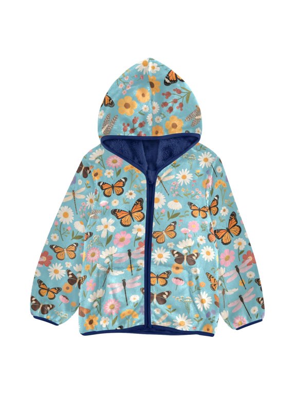 BZSMCE Double-Sided Sherpa Fleece Hooded Zipper Jacket Dragonfly Butterfly Daisy Pattern Pattern Batik Dye Method Print Warm Outerwear