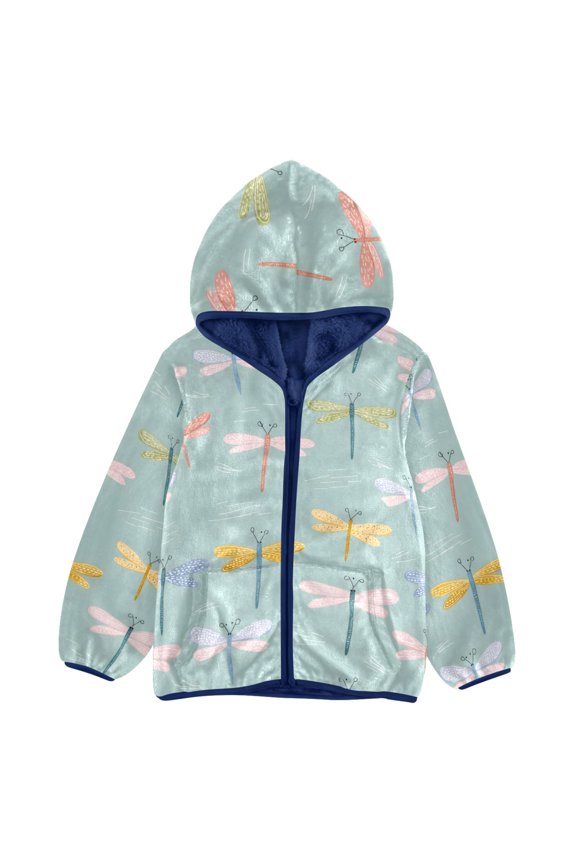 BZSMCE Double-Sided Sherpa Fleece Hooded Zipper Jacket Dragonfly Line Pattern Pattern Batik Dye Method Print Warm Outerwear
