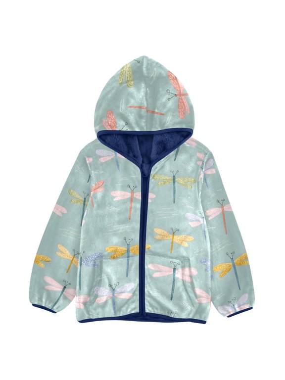 BZSMCE Double-Sided Sherpa Fleece Hooded Zipper Jacket Dragonfly Line Pattern Pattern Batik Dye Method Print Warm Outerwear