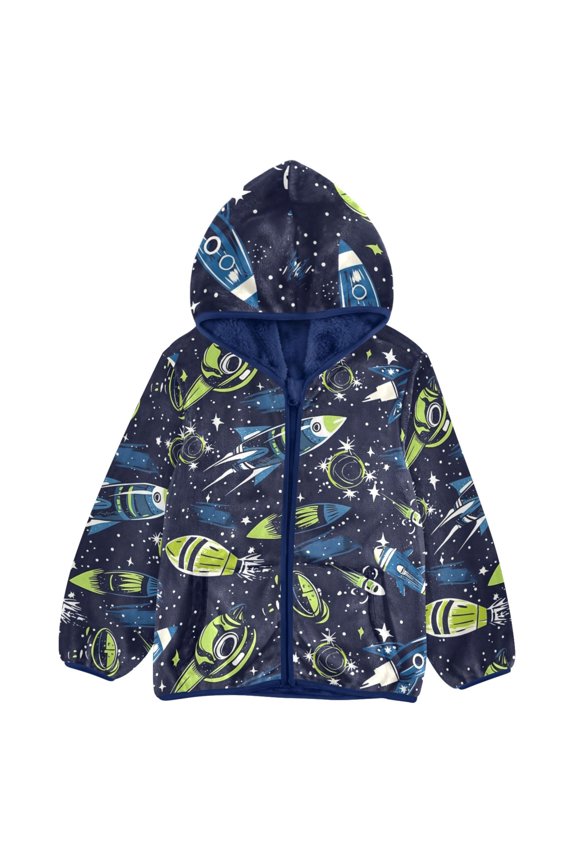 BZSMCE Double-Sided Sherpa Fleece Hooded Zipper Jacket Dreamy Rocket Pattern Pattern Batik Dye Method Print Warm Outerwear