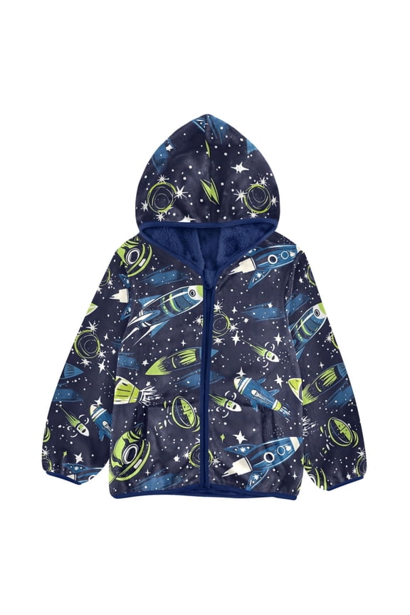 BZSMCE Double-Sided Sherpa Fleece Hooded Zipper Jacket Dreamy Rocket Pattern Pattern Batik Dye Method Print Warm Outerwear