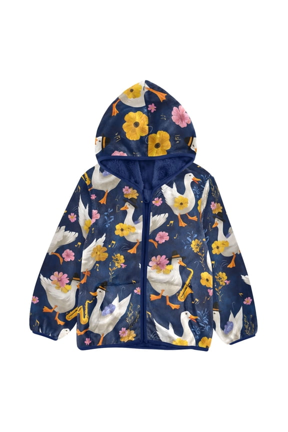 BZSMCE Double-Sided Sherpa Fleece Hooded Zipper Jacket Duck Playing Suona Pattern Pattern Batik Dye Method Print Warm Outerwear