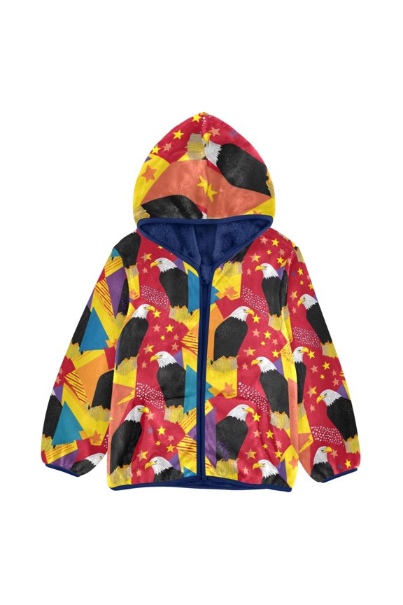 BZSMCE Double-Sided Sherpa Fleece Hooded Zipper Jacket Eagle Star Pattern Pattern Batik Dye Method Print Warm Outerwear