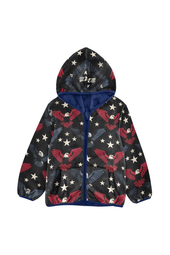 BZSMCE Double-Sided Sherpa Fleece Hooded Zipper Jacket Eagle White Star Pattern Pattern Batik Dye Method Print Warm Outerwear
