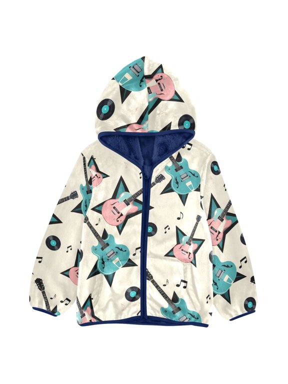 BZSMCE Double-Sided Sherpa Fleece Hooded Zipper Jacket Electric Guitar Pattern Pattern Batik Dye Method Print Warm Outerwear