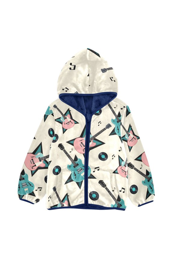 BZSMCE Double-Sided Sherpa Fleece Hooded Zipper Jacket Electric Guitar Pattern Pattern Batik Dye Method Print Warm Outerwear