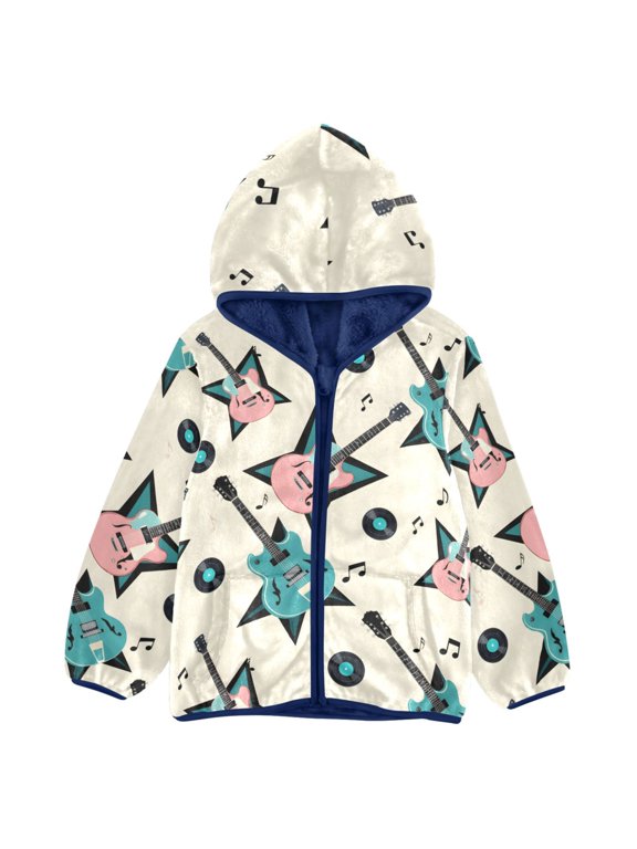 BZSMCE Double-Sided Sherpa Fleece Hooded Zipper Jacket Electric Guitar Pattern Pattern Batik Dye Method Print Warm Outerwear
