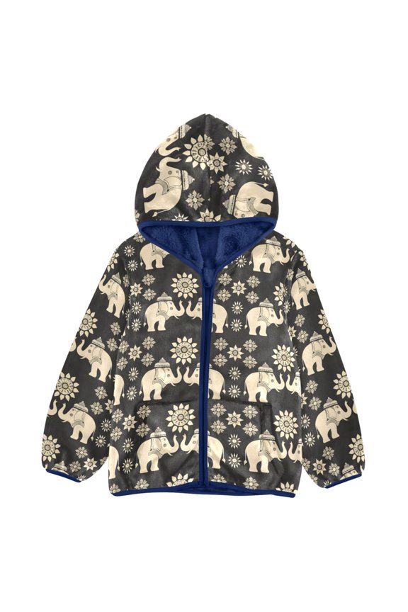 BZSMCE Double-Sided Sherpa Fleece Hooded Zipper Jacket Elephant Pattern Pattern Batik Dye Method Print Warm Outerwear