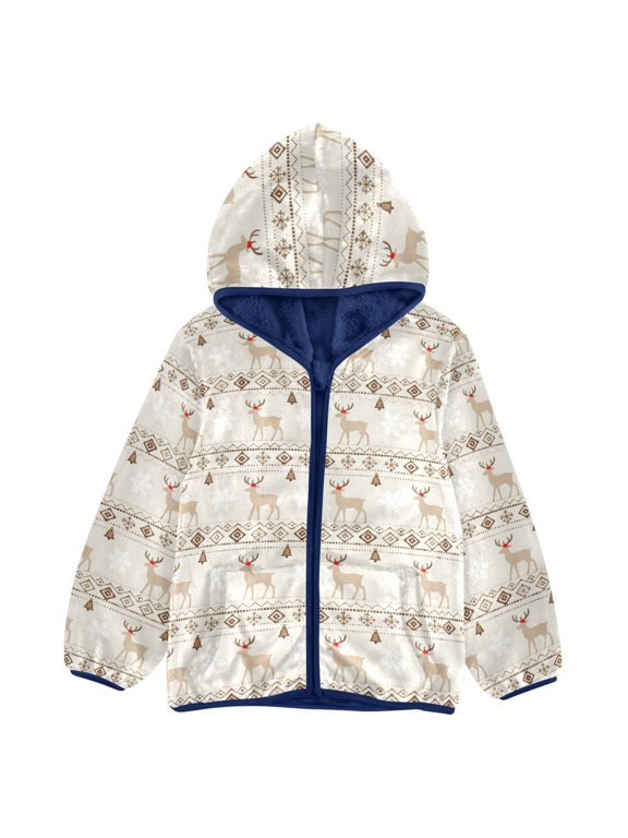 BZSMCE Double-Sided Sherpa Fleece Hooded Zipper Jacket Elk and Snowflake Pattern Pattern Batik Dye Method Print Warm Outerwear