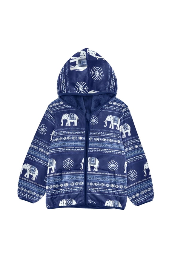 BZSMCE Double-Sided Sherpa Fleece Hooded Zipper Jacket Ethic Aztec Geometric Elephant Pattern Pattern Batik Dye Method Print Warm Outerwear