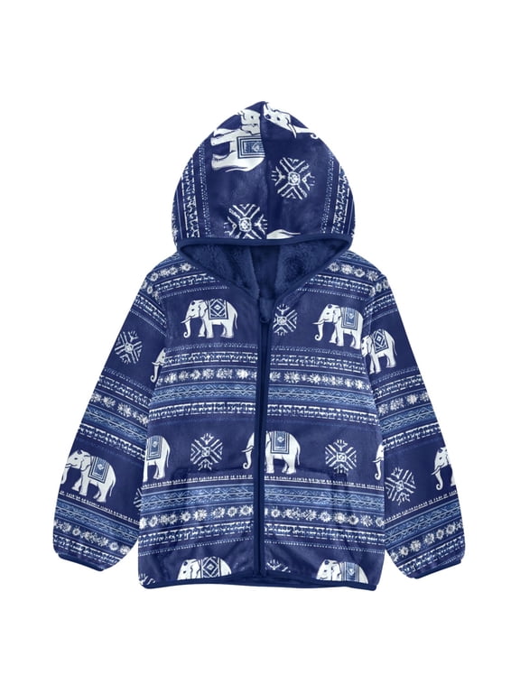BZSMCE Double-Sided Sherpa Fleece Hooded Zipper Jacket Ethic Aztec Geometric Elephant Pattern Pattern Batik Dye Method Print Warm Outerwear