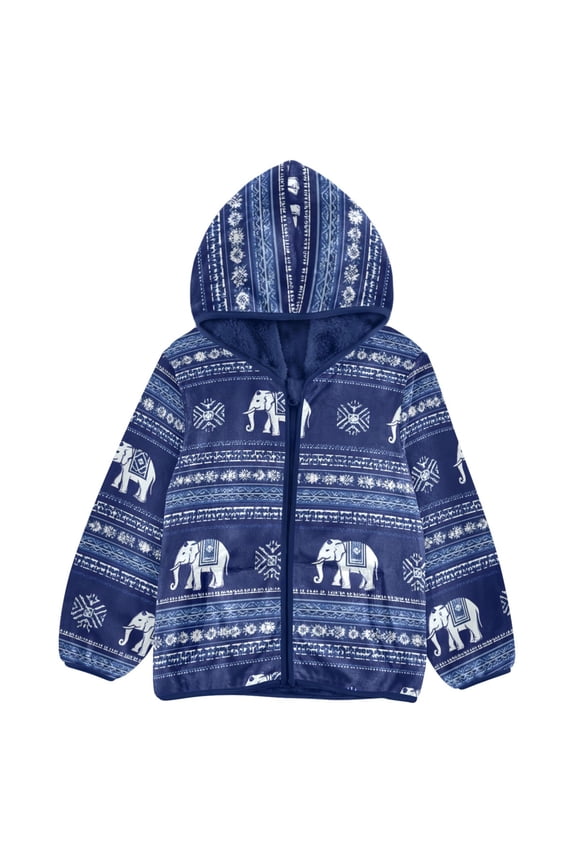BZSMCE Double-Sided Sherpa Fleece Hooded Zipper Jacket Ethic Aztec Geometric Elephant Pattern Pattern Batik Dye Method Print Warm Outerwear