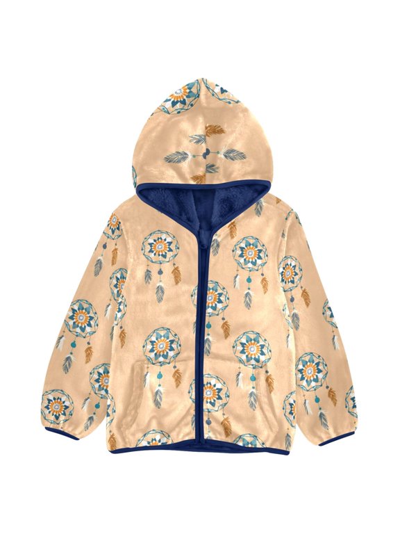 BZSMCE Double-Sided Sherpa Fleece Hooded Zipper Jacket Ethnic Dreamcatcher Pattern Pattern Batik Dye Method Print Warm Outerwear