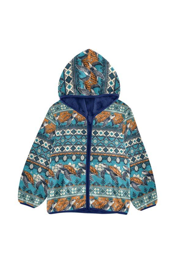 BZSMCE Double-Sided Sherpa Fleece Hooded Zipper Jacket Ethnic Turtle Pattern Batik Dye Method Print Warm Outerwear