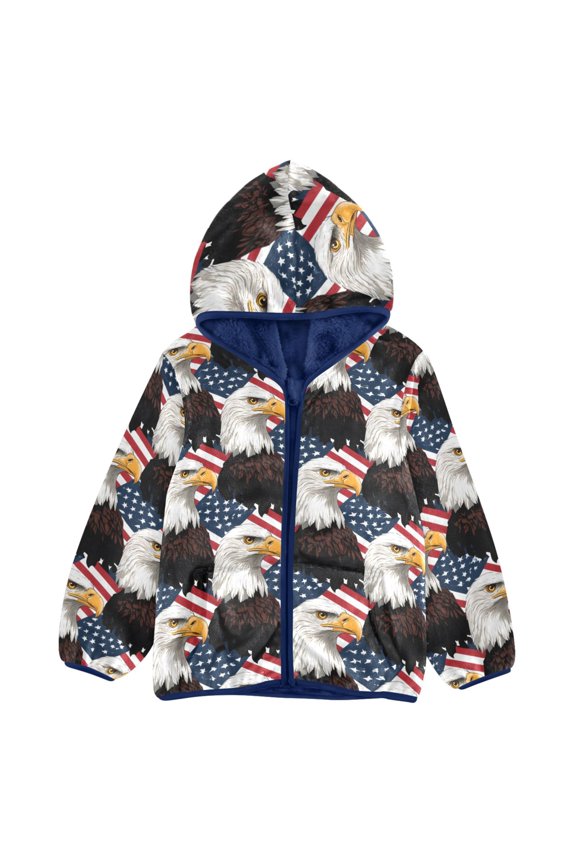 BZSMCE Double-Sided Sherpa Fleece Hooded Zipper Jacket Flag Eagle Pattern Pattern Batik Dye Method Print Warm Outerwear