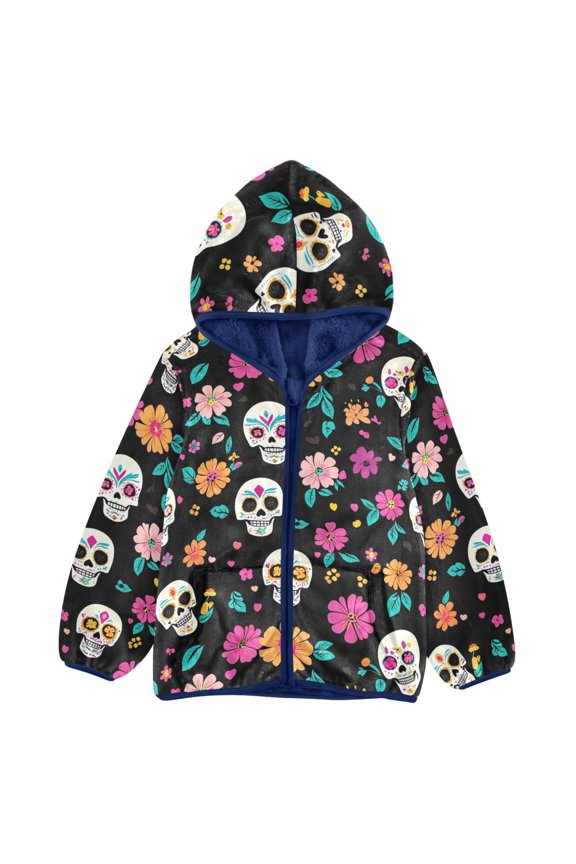 BZSMCE Double-Sided Sherpa Fleece Hooded Zipper Jacket Floral Skull Pattern Pattern Batik Dye Method Print Warm Outerwear