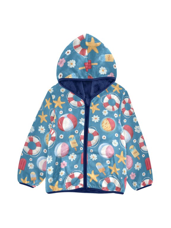 BZSMCE Double-Sided Sherpa Fleece Hooded Zipper Jacket Flower Lifebuoy Pattern Pattern Batik Dye Method Print Warm Outerwear
