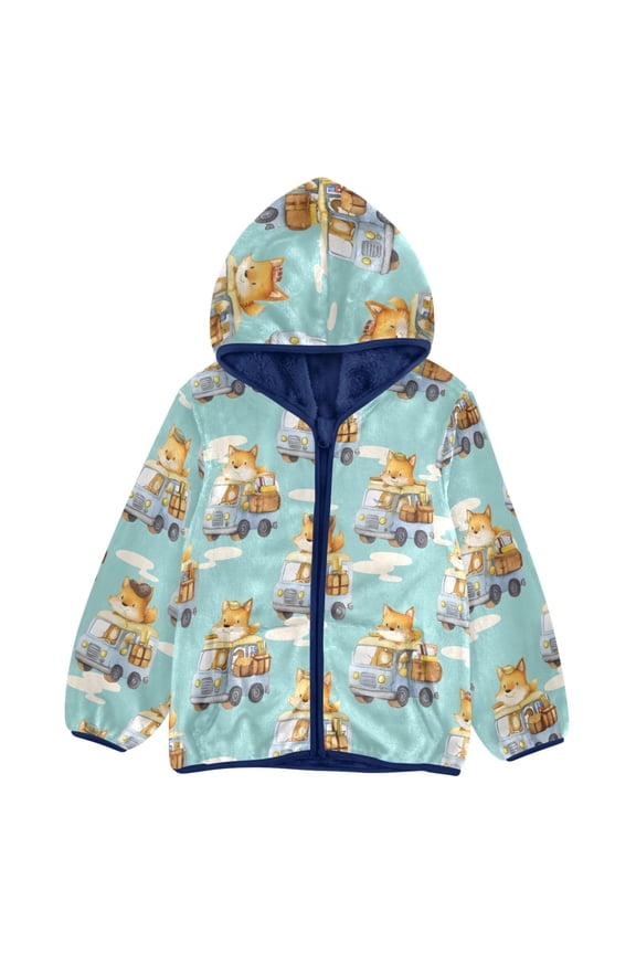 BZSMCE Double-Sided Sherpa Fleece Hooded Zipper Jacket Fox Car Cloud Pattern Pattern Batik Dye Method Print Warm Outerwear