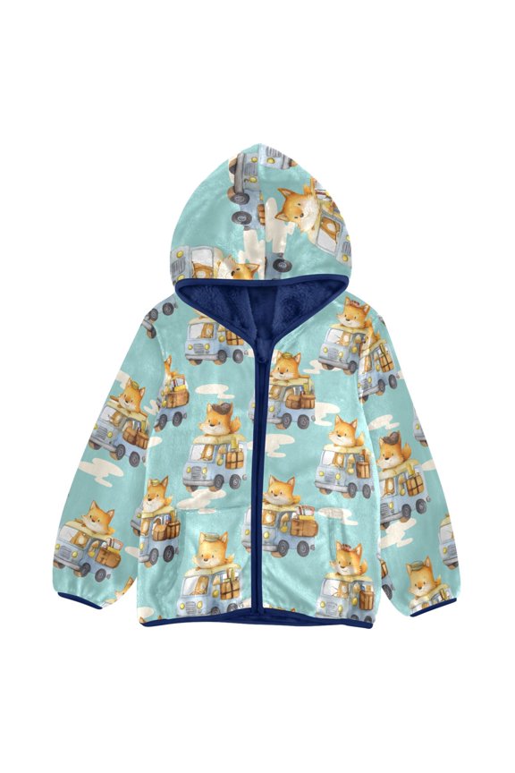 BZSMCE Double-Sided Sherpa Fleece Hooded Zipper Jacket Fox Car Cloud Pattern Pattern Batik Dye Method Print Warm Outerwear