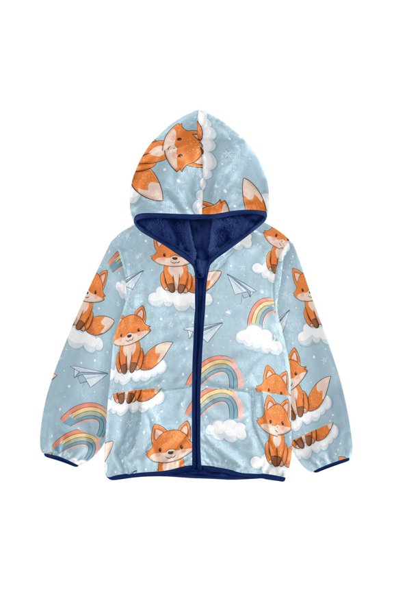 BZSMCE Double-Sided Sherpa Fleece Hooded Zipper Jacket Fox Cloud Rainbow Pattern Pattern Batik Dye Method Print Warm Outerwear