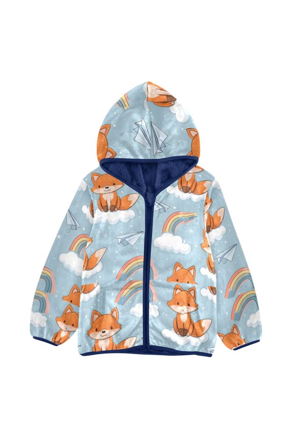 BZSMCE Double-Sided Sherpa Fleece Hooded Zipper Jacket Fox Cloud Rainbow Pattern Pattern Batik Dye Method Print Warm Outerwear