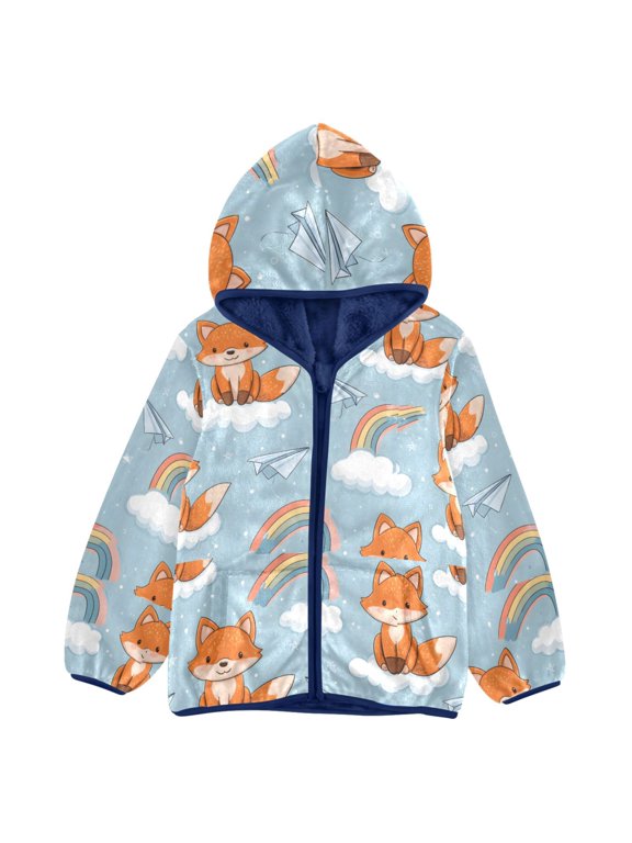 BZSMCE Double-Sided Sherpa Fleece Hooded Zipper Jacket Fox Cloud Rainbow Pattern Pattern Batik Dye Method Print Warm Outerwear