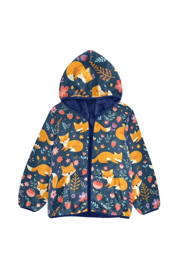 BZSMCE Double-Sided Sherpa Fleece Hooded Zipper Jacket Fox Flower Pattern Pattern Batik Dye Method Print Warm Outerwear