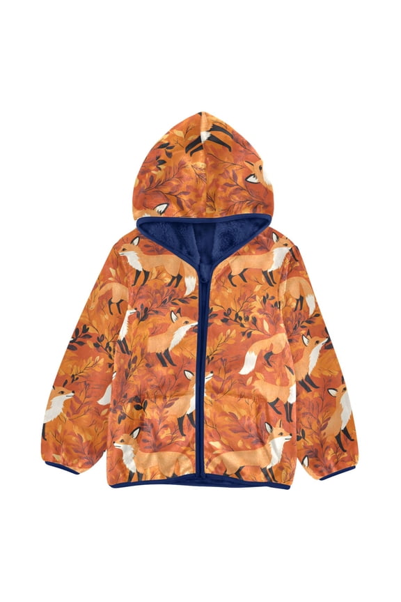 BZSMCE Double-Sided Sherpa Fleece Hooded Zipper Jacket Fox Pattern Pattern Batik Dye Method Print Warm Outerwear