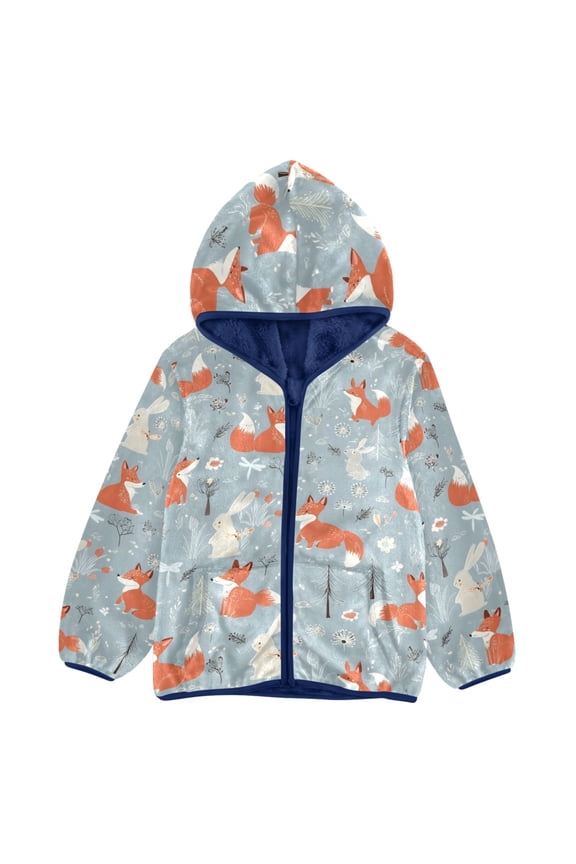 BZSMCE Double-Sided Sherpa Fleece Hooded Zipper Jacket Fox Pattern Pattern Batik Dye Method Print Warm Outerwear