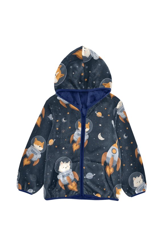 BZSMCE Double-Sided Sherpa Fleece Hooded Zipper Jacket Fox Rocket Planet Pattern Pattern Batik Dye Method Print Warm Outerwear