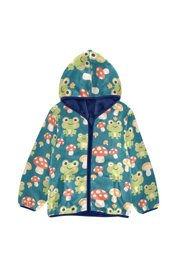 BZSMCE Double-Sided Sherpa Fleece Hooded Zipper Jacket Frog Pattern Pattern Batik Dye Method Print Warm Outerwear
