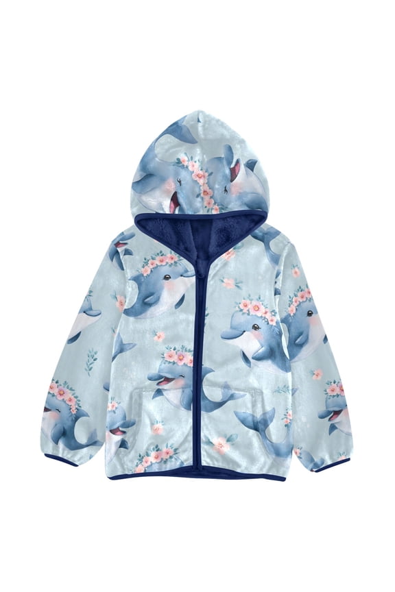 BZSMCE Double-Sided Sherpa Fleece Hooded Zipper Jacket Garland Dolphin Pattern Batik Dye Method Print Warm Outerwear