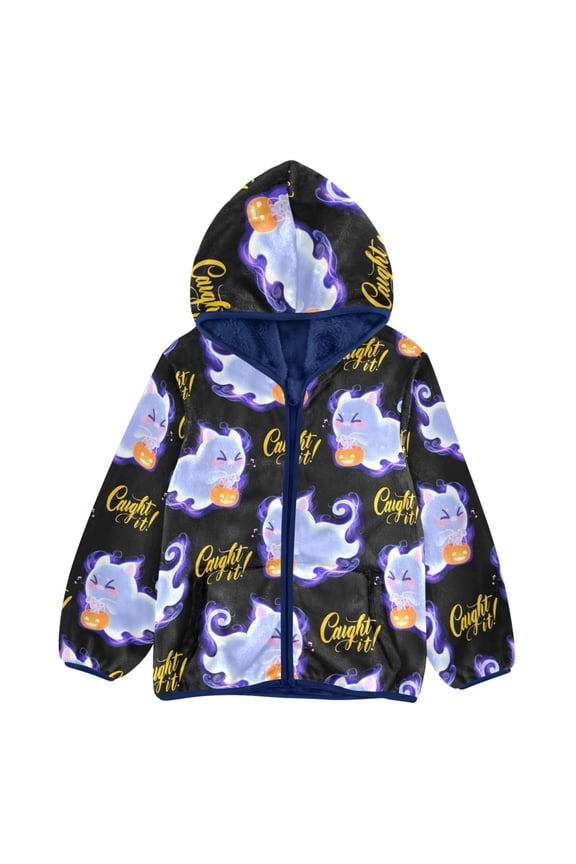 BZSMCE Double-Sided Sherpa Fleece Hooded Zipper Jacket Ghost Cat Mouse Pumpkin Pattern Pattern Batik Dye Method Print Warm Outerwear