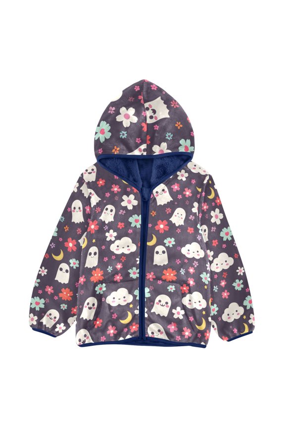 BZSMCE Double-Sided Sherpa Fleece Hooded Zipper Jacket Ghost Clouds Little Flowers Pattern Pattern Batik Dye Method Print Warm Outerwear