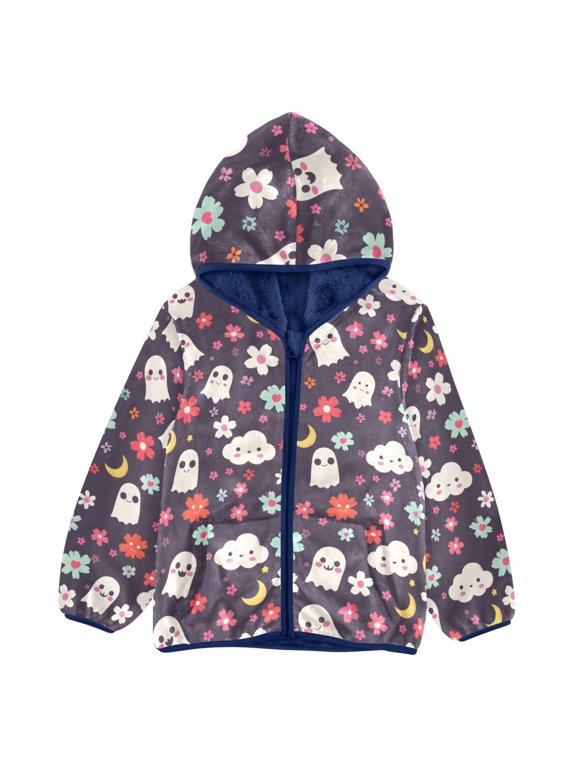 BZSMCE Double-Sided Sherpa Fleece Hooded Zipper Jacket Ghost Clouds Little Flowers Pattern Pattern Batik Dye Method Print Warm Outerwear