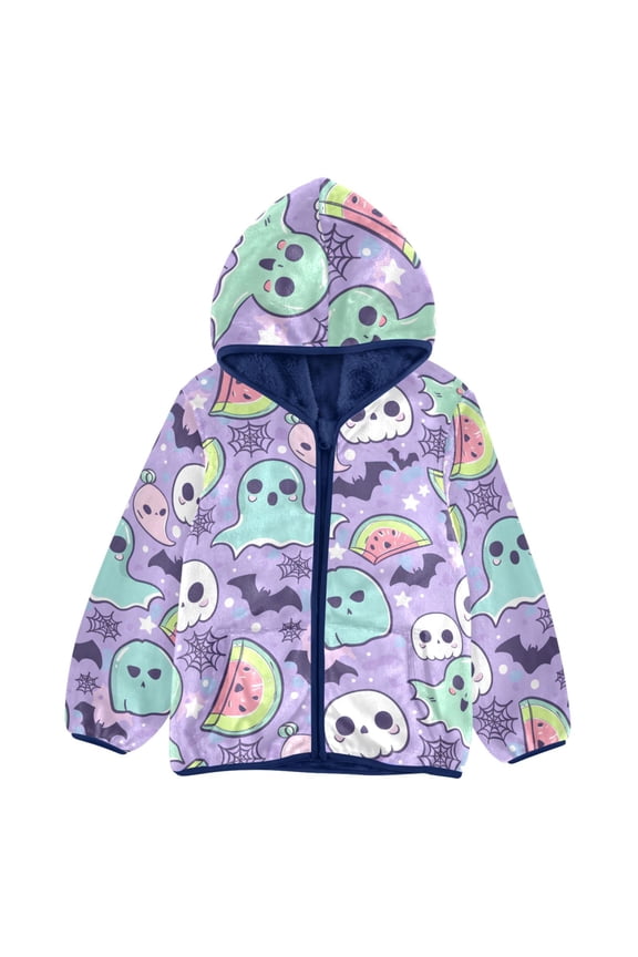 BZSMCE Double-Sided Sherpa Fleece Hooded Zipper Jacket Ghost Watermelon Bat Spider Web Pattern Pattern Batik Dye Method Print Warm Outerwear