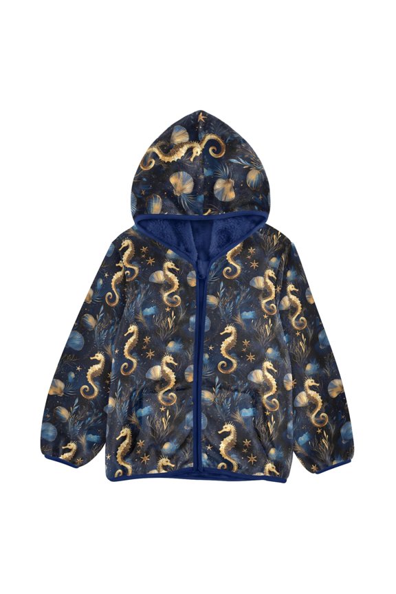 BZSMCE Double-Sided Sherpa Fleece Hooded Zipper Jacket Gold Seahorse Seashell Pattern Batik Dye Method Print Warm Outerwear