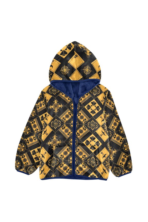 BZSMCE Double-Sided Sherpa Fleece Hooded Zipper Jacket Golden Baroque Tiles Pattern Batik Dye Method Print Warm Outerwear