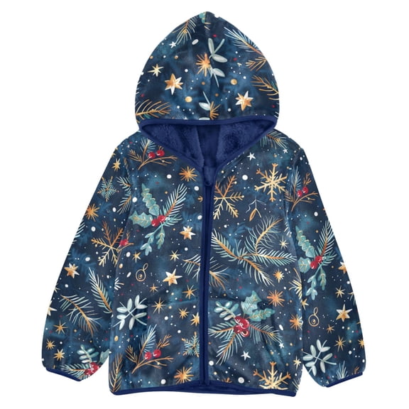 BZSMCE Double-Sided Sherpa Fleece Hooded Zipper Jacket Golden Snowflakes Red Berries Pine Leaves Blue Pattern Pattern Batik Dye Method Print Warm Outerwear
