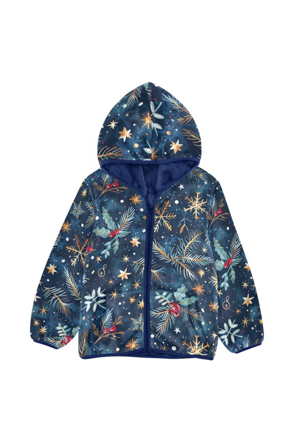 BZSMCE Double-Sided Sherpa Fleece Hooded Zipper Jacket Golden Snowflakes Red Berries Pine Leaves Blue Pattern Pattern Batik Dye Method Print Warm Outerwear