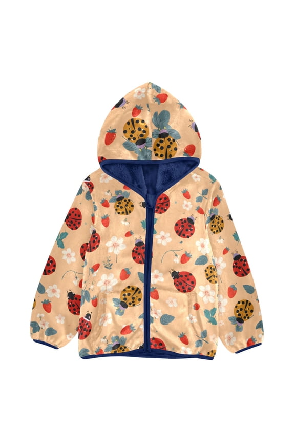 BZSMCE Double-Sided Sherpa Fleece Hooded Zipper Jacket Golden Turtle Strawberry Pattern Pattern Batik Dye Method Print Warm Outerwear