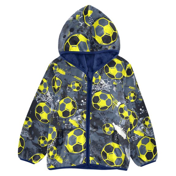 BZSMCE Double-Sided Sherpa Fleece Hooded Zipper Jacket Gray Toned Football Pattern Pattern Batik Dye Method Print Warm Outerwear