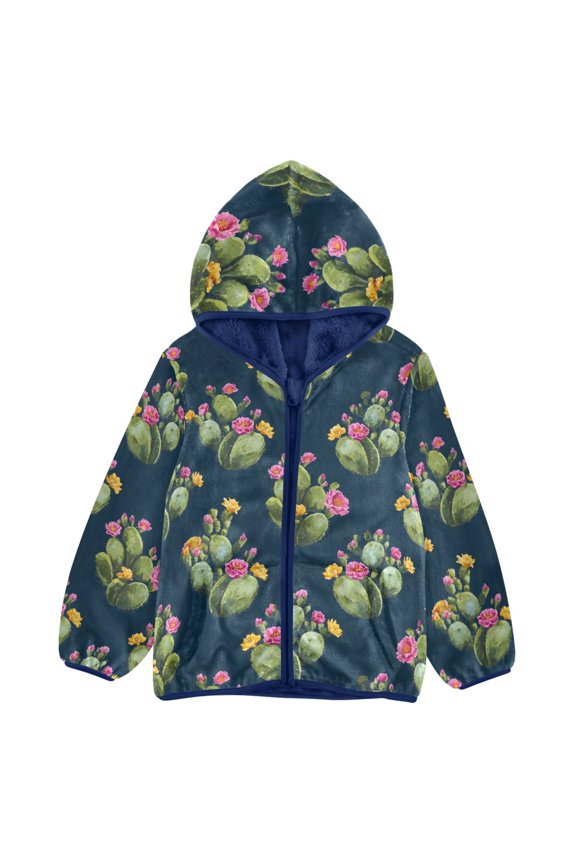 BZSMCE Double-Sided Sherpa Fleece Hooded Zipper Jacket Green Cactus Flower Pattern Pattern Batik Dye Method Print Warm Outerwear