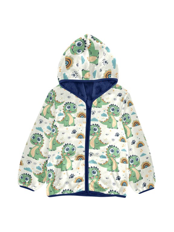BZSMCE Double-Sided Sherpa Fleece Hooded Zipper Jacket Green Dinosaur Rainbow Pattern Pattern Batik Dye Method Print Warm Outerwear