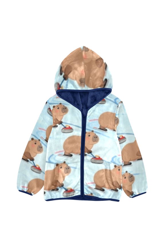 BZSMCE Double-Sided Sherpa Fleece Hooded Zipper Jacket Guinea Pig Curling Pattern Pattern Batik Dye Method Print Warm Outerwear