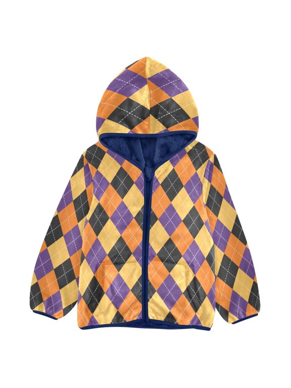 BZSMCE Double-Sided Sherpa Fleece Hooded Zipper Jacket Halloween Argyle Pattern Batik Dye Method Print Warm Outerwear
