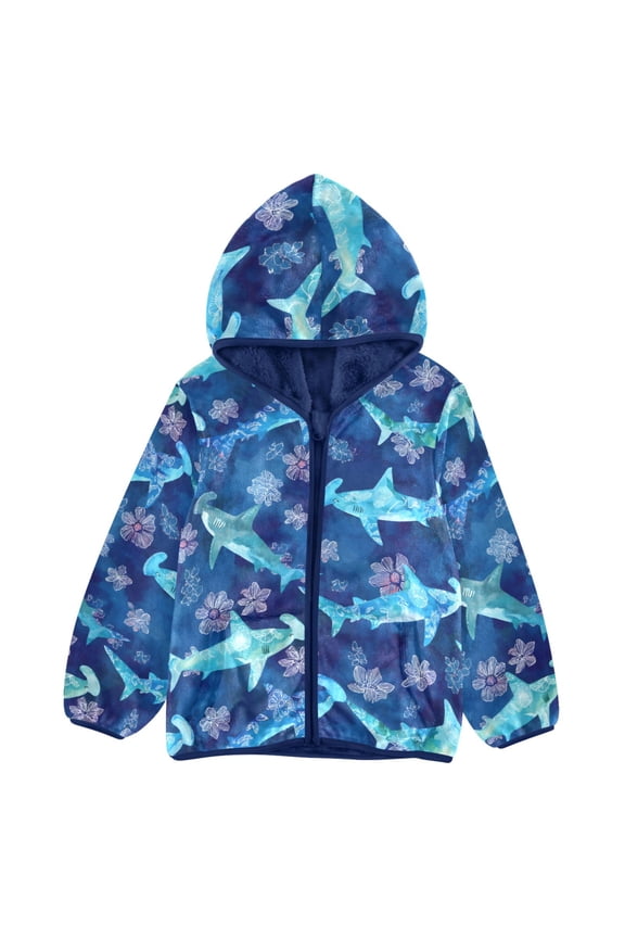 BZSMCE Double-Sided Sherpa Fleece Hooded Zipper Jacket Hammerhead Sharks Flower Pattern Pattern Batik Dye Method Print Warm Outerwear