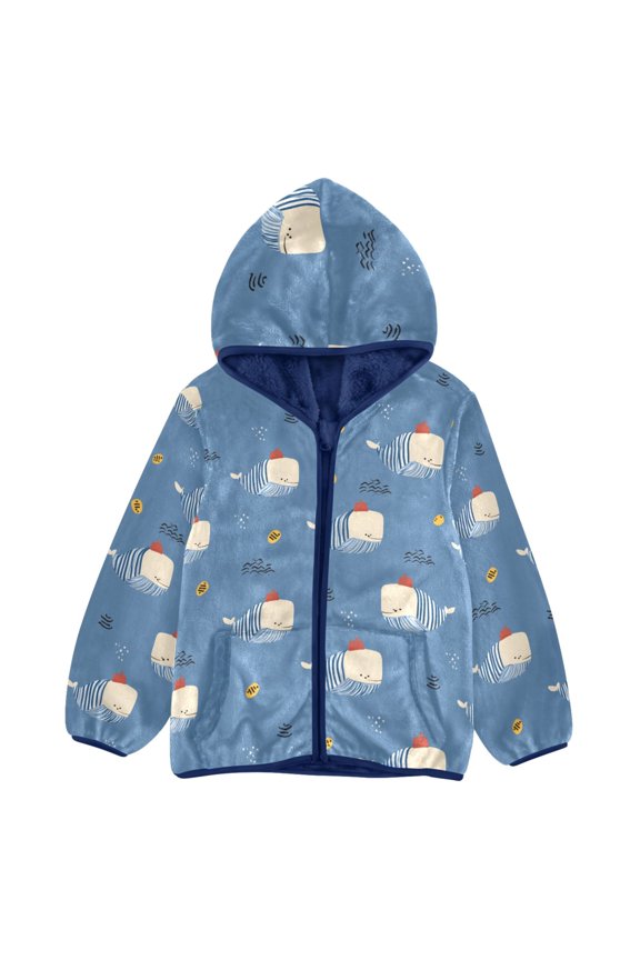 BZSMCE Double-Sided Sherpa Fleece Hooded Zipper Jacket Hand Drawn Blue Whale Pattern Pattern Batik Dye Method Print Warm Outerwear