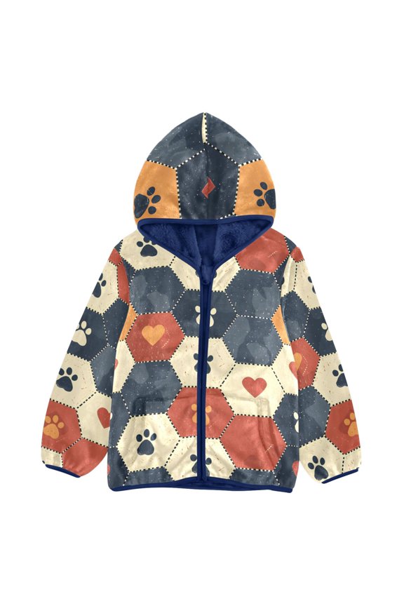BZSMCE Double-Sided Sherpa Fleece Hooded Zipper Jacket Hexagonal Footprint Pattern Pattern Batik Dye Method Print Warm Outerwear