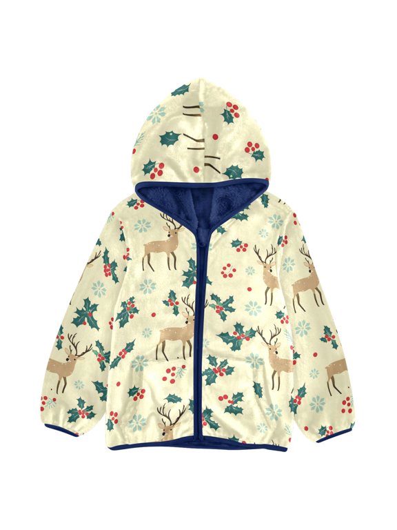 BZSMCE Double-Sided Sherpa Fleece Hooded Zipper Jacket Holly Leave Reindeer Blue Snowflake Pattern Pattern Batik Dye Method Print Warm Outerwear